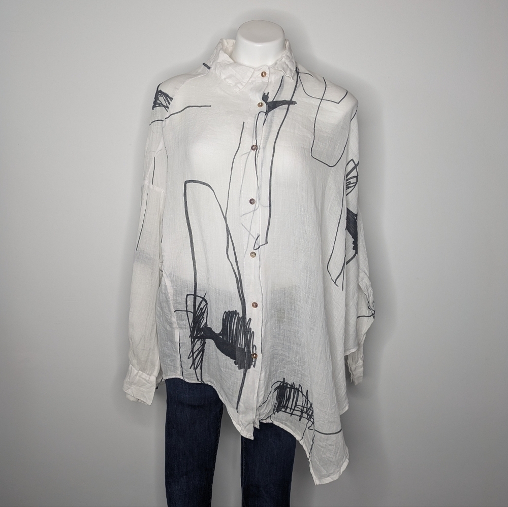 Banana Blue White Black Wearable Art Abstract Funky Artistic Linen Button Up M